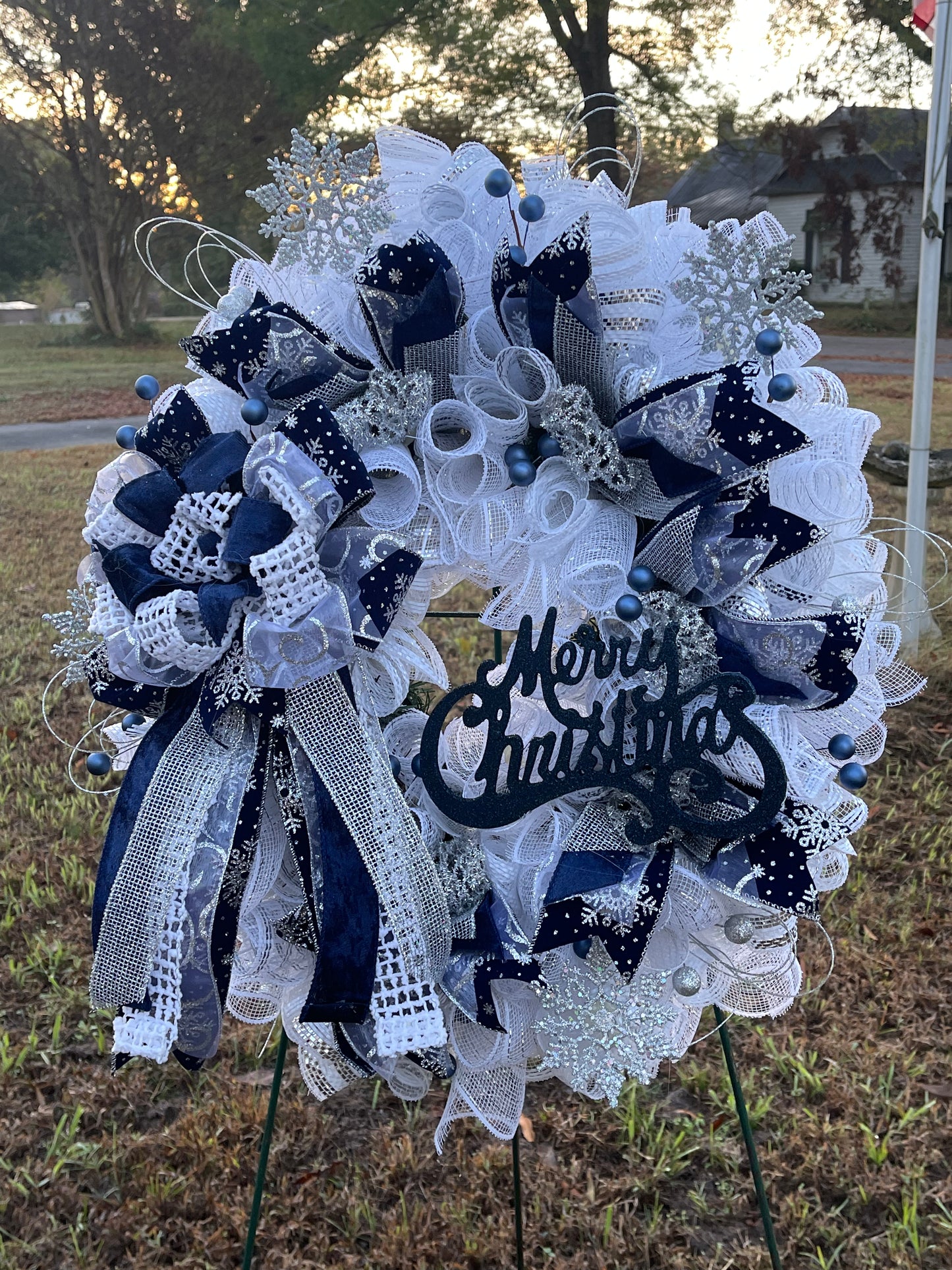 Blue, white, and silver Christmas wreath