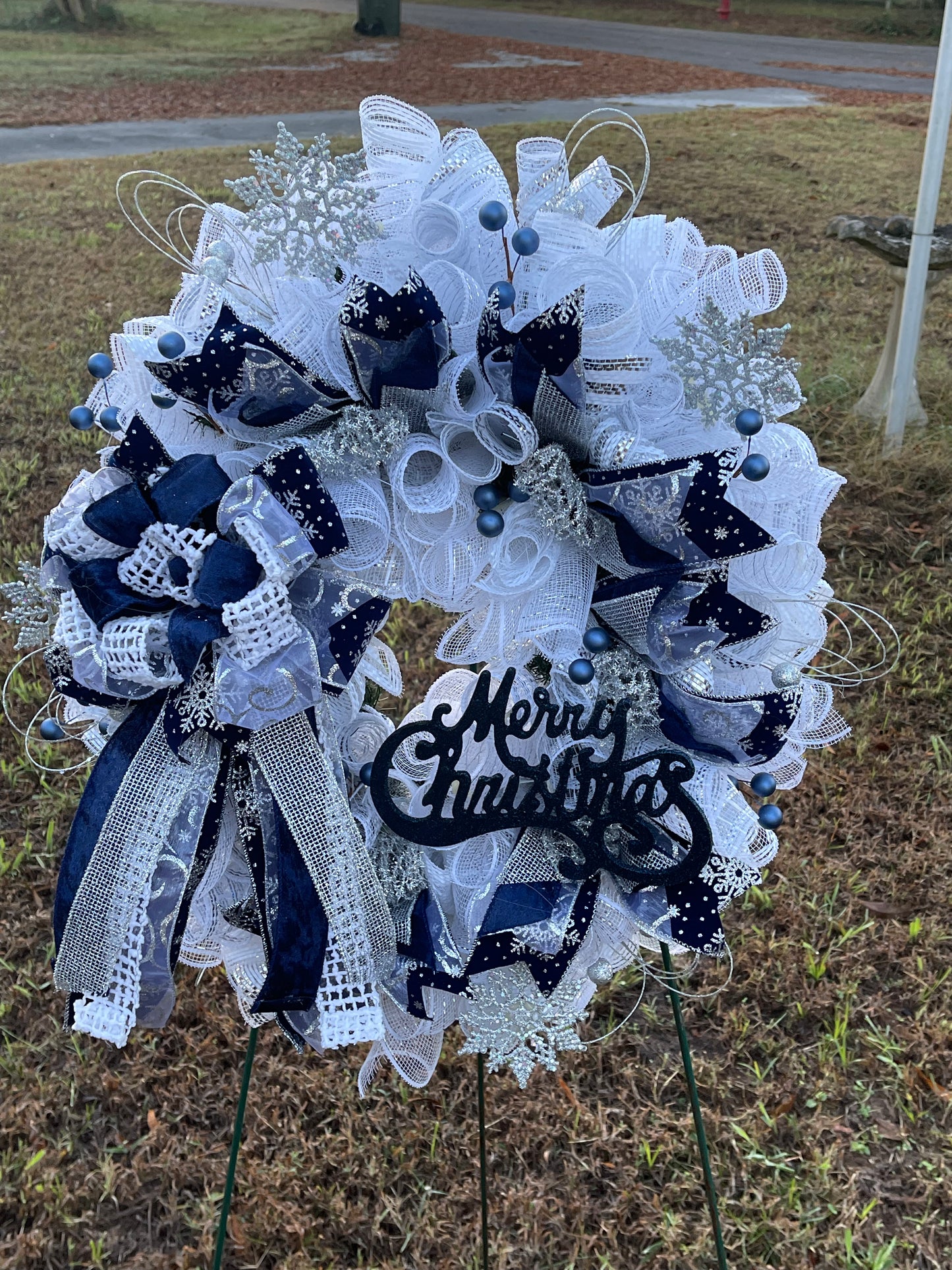 Blue, white, and silver Christmas wreath