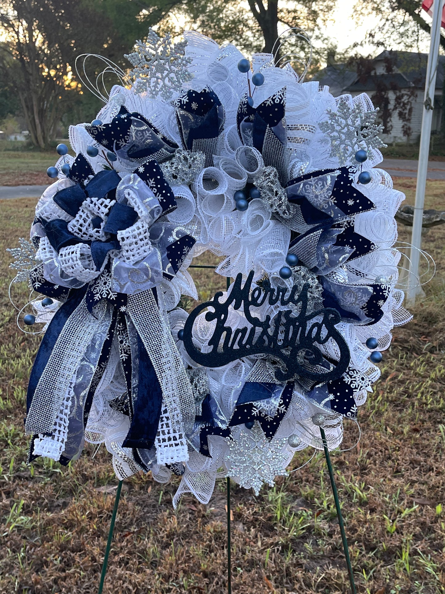 Blue, white, and silver Christmas wreath