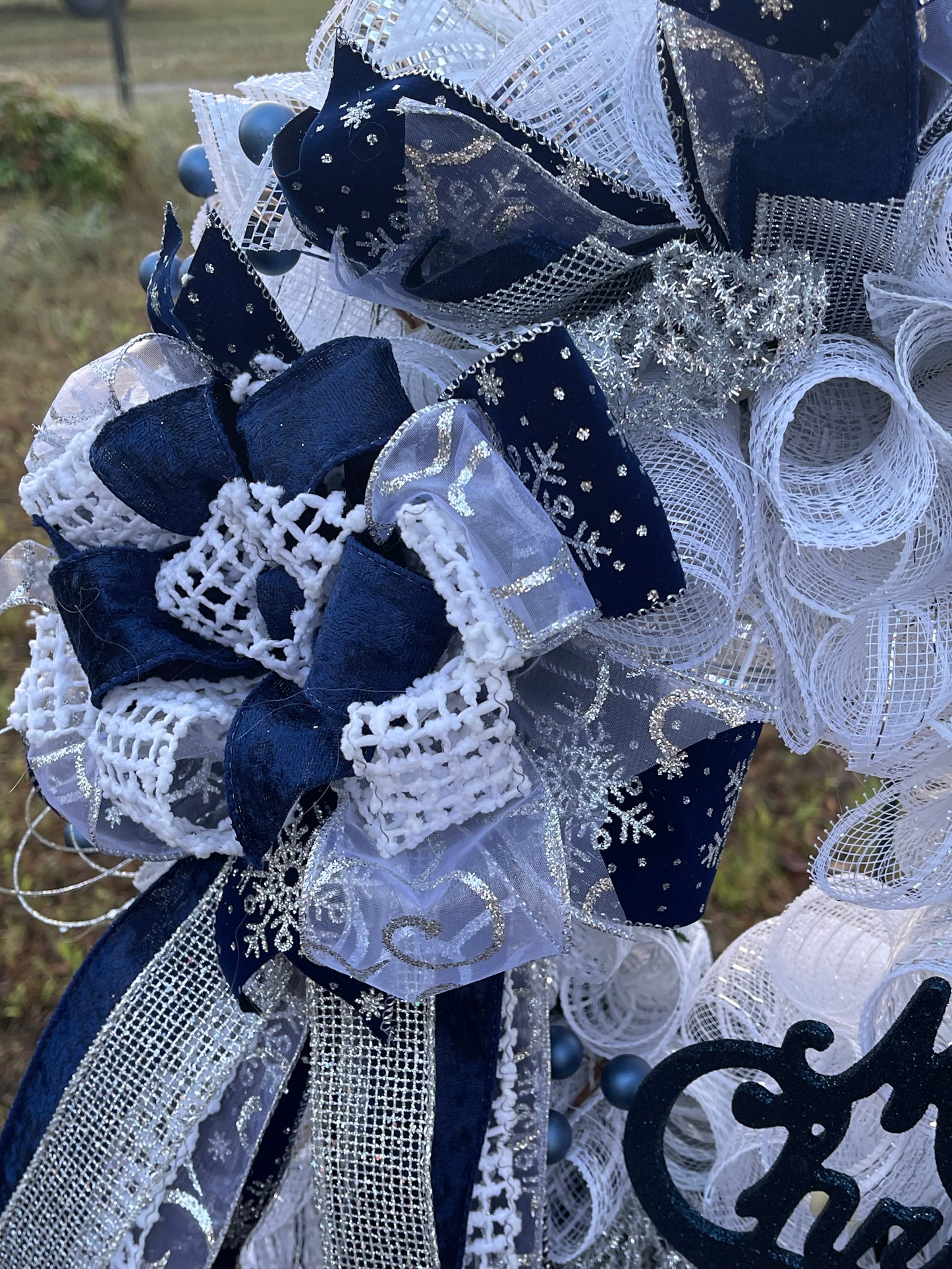 Blue, white, and silver Christmas wreath