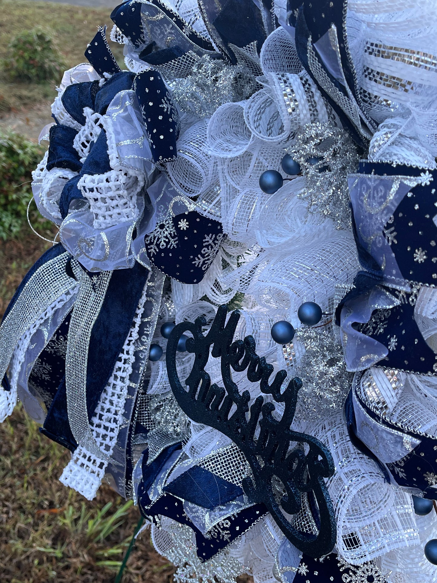 Blue, white, and silver Christmas wreath