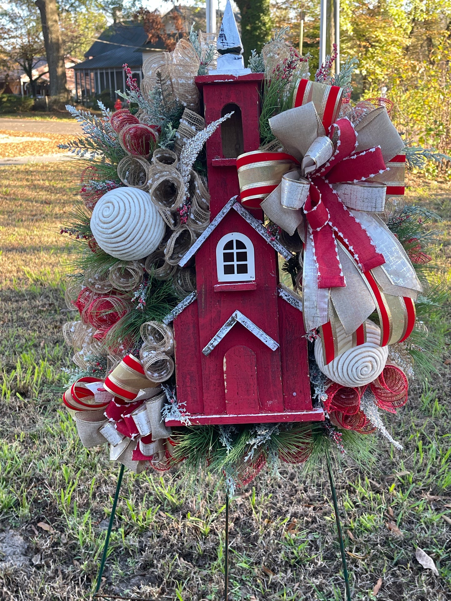 Red church Christmas wreath