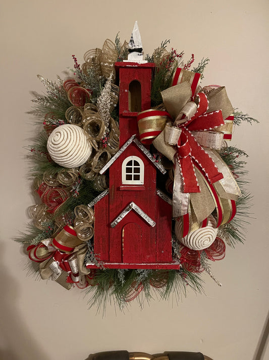 Red church Christmas wreath